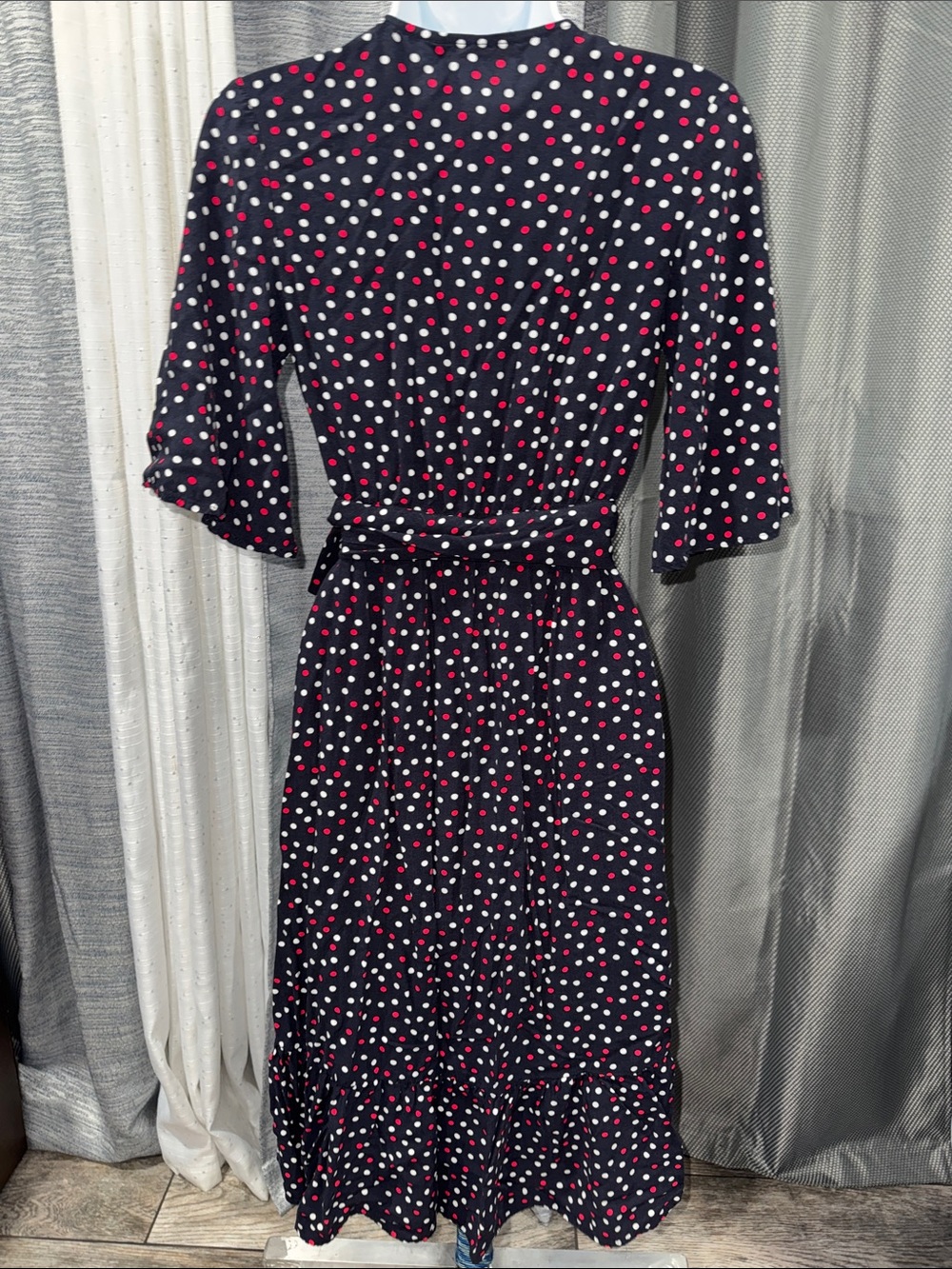 ZARA- Navy Polka Dot Wrap Midi Dress Size: XS - Picture 4 of 15